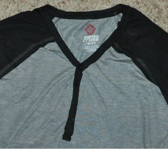 Mens Henley Shirt Swiss Cross Black Gray 3XL Long Sleeve 5 Button Placket - Picture 2 of 3